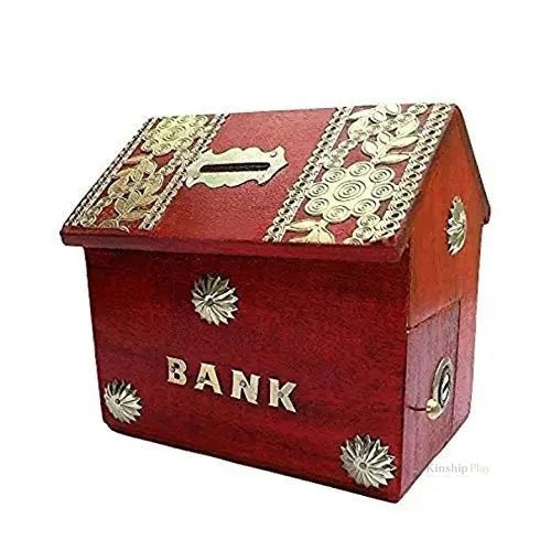 Wooden Money Bank for Kids, Red Colour, Coin Saving Gullak