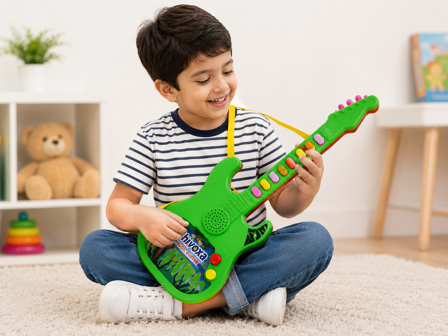 Kids Musical Guitar Toy with 10 Sounds & Colorful Buttons | Educational Music Instrument for Boys & Girls | Adjustable Strap | Battery Operated | Age 3+