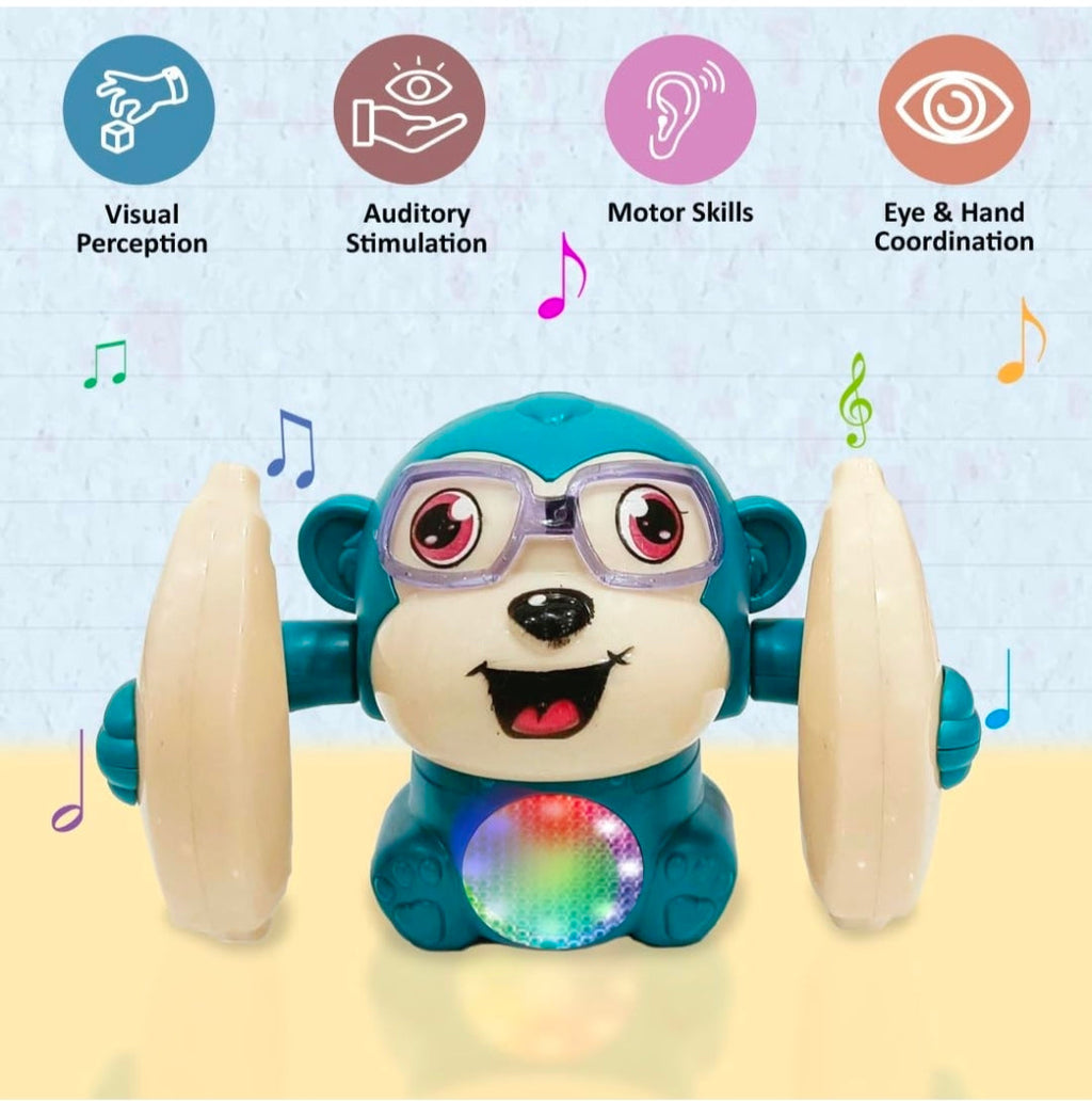 Musical Tumbler Monkey Toy with Flashing LED Lights | Self-Balancing Rolling Toy | 360° Rotating Action | Educational Toy for Kids | Battery Operated | Blue