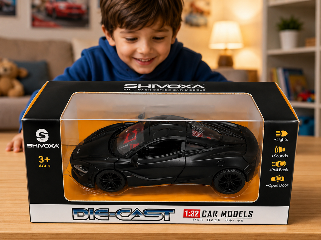 1:32 Die Cast Pull Back Sports Car Toy for Kids | Metal Model Car with Lights, Sound & Openable Doors | Black | Age 3+