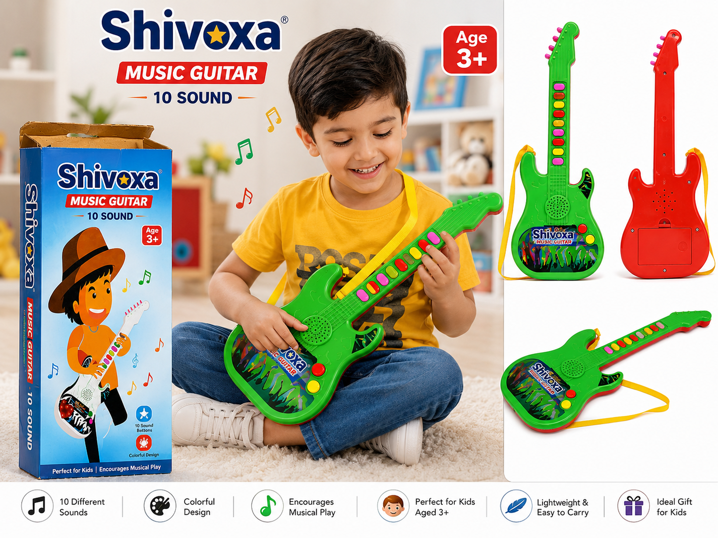 Kids Musical Guitar Toy with 10 Sounds & Colorful Buttons | Educational Music Instrument for Boys & Girls | Adjustable Strap | Battery Operated | Age 3+