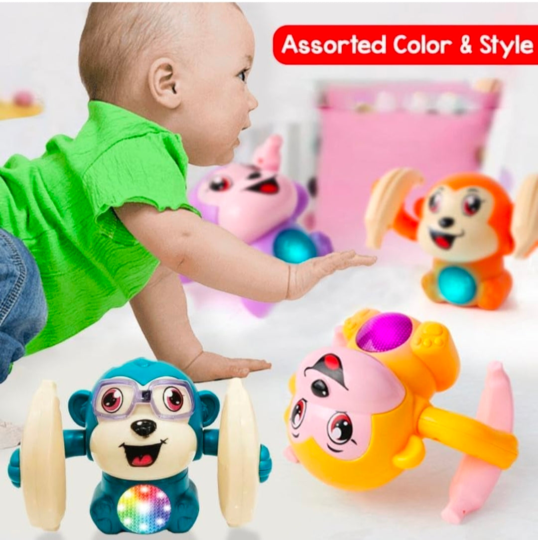 Musical Tumbler Monkey Toy with Flashing LED Lights | Self-Balancing Rolling Toy | 360° Rotating Action | Educational Toy for Kids | Battery Operated | Blue