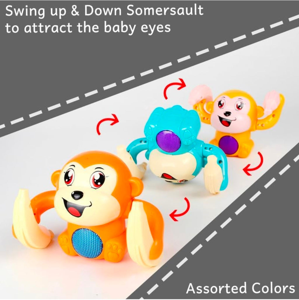 Musical Tumbler Monkey Toy with Flashing LED Lights | Self-Balancing Rolling Toy | 360° Rotating Action | Educational Toy for Kids | Battery Operated | Blue