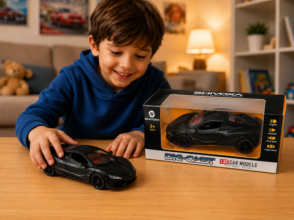 1:32 Die Cast Pull Back Sports Car Toy for Kids | Metal Model Car with Lights, Sound & Openable Doors | Black | Age 3+