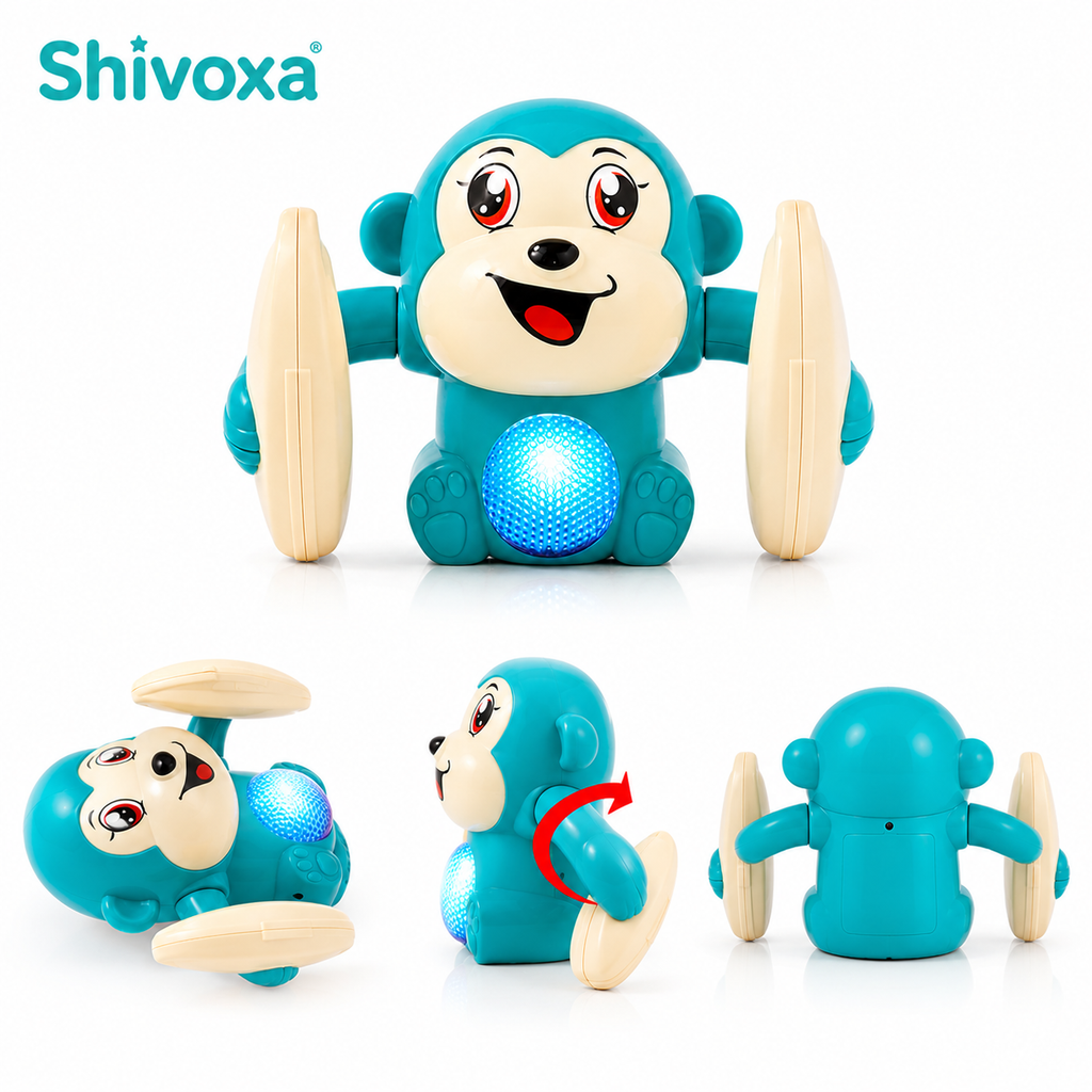 Musical Tumbler Monkey Toy with Flashing LED Lights | Self-Balancing Rolling Toy | 360° Rotating Action | Educational Toy for Kids | Battery Operated | Blue