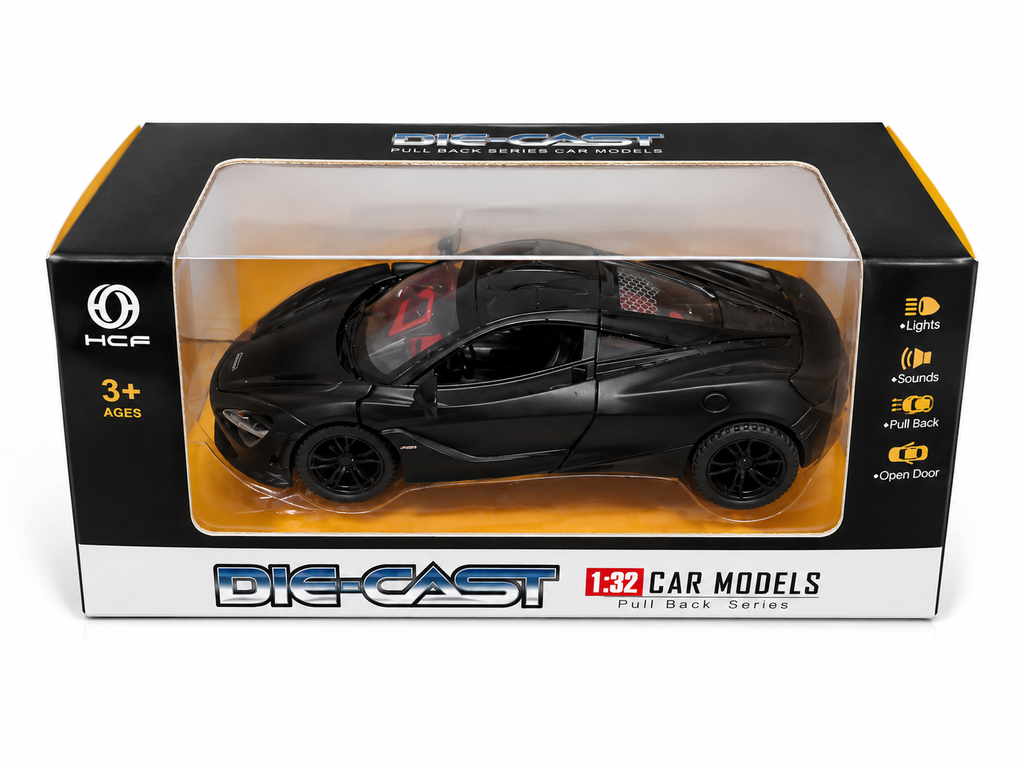 1:32 Die Cast Pull Back Sports Car Toy for Kids | Metal Model Car with Lights, Sound & Openable Doors | Black | Age 3+