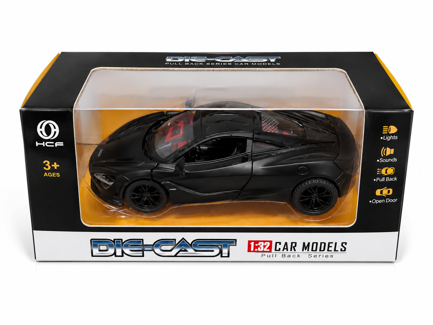 1:32 Die Cast Pull Back Sports Car Toy for Kids | Metal Model Car with Lights, Sound & Openable Doors | Black | Age 3+