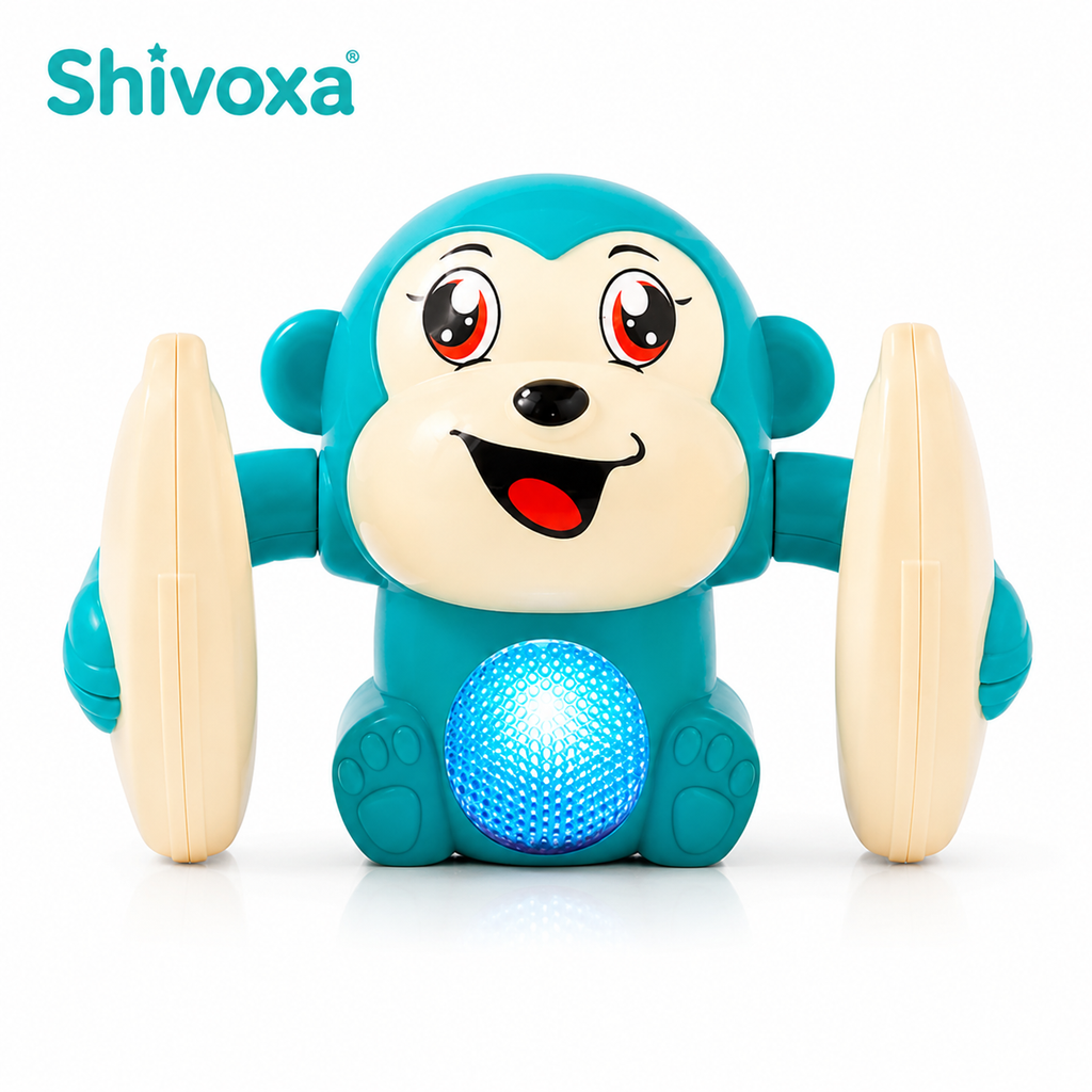 Musical Tumbler Monkey Toy with Flashing LED Lights | Self-Balancing Rolling Toy | 360° Rotating Action | Educational Toy for Kids | Battery Operated | Blue