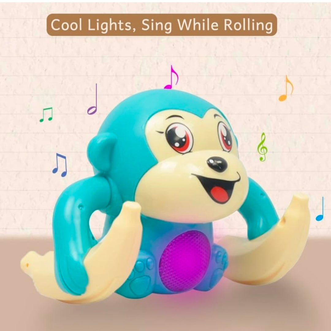Musical Tumbler Monkey Toy with Flashing LED Lights | Self-Balancing Rolling Toy | 360° Rotating Action | Educational Toy for Kids | Battery Operated | Blue